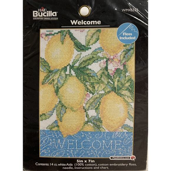 Bucilla Counted Cross Stitch Kit WM45522 Welcome 5X7 Lemons Fruit from 2011 NOS - Picture 1 of 3